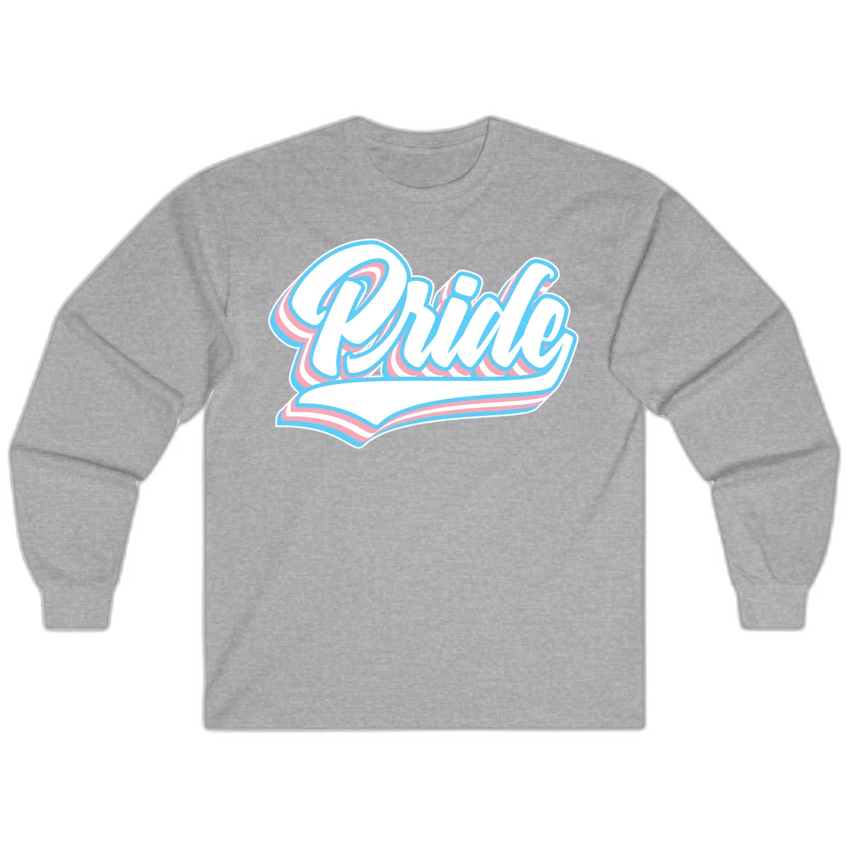 Retro pride wave script design with blue and pink layered lettering and curved banner in Sport Grey