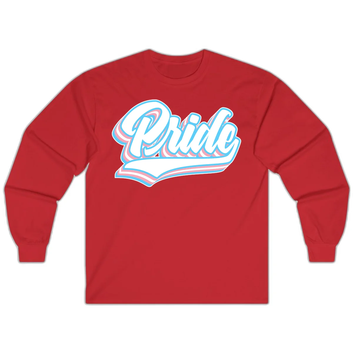 Retro pride wave script design with blue and pink layered lettering and curved banner in Red