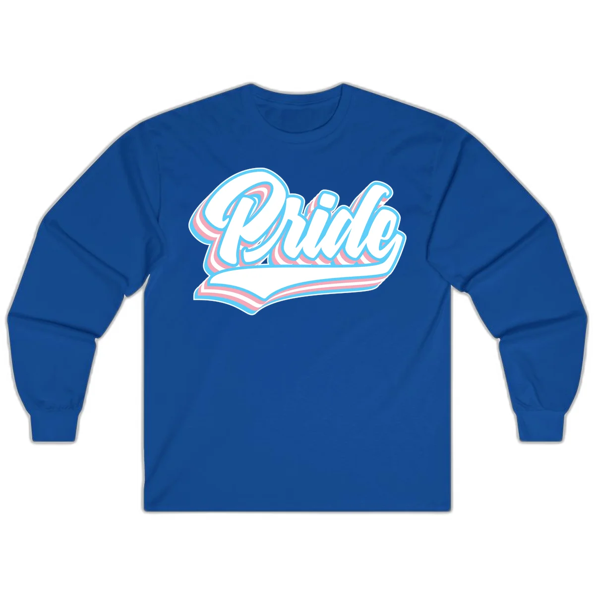Retro pride wave script design with blue and pink layered lettering and curved banner in Royal