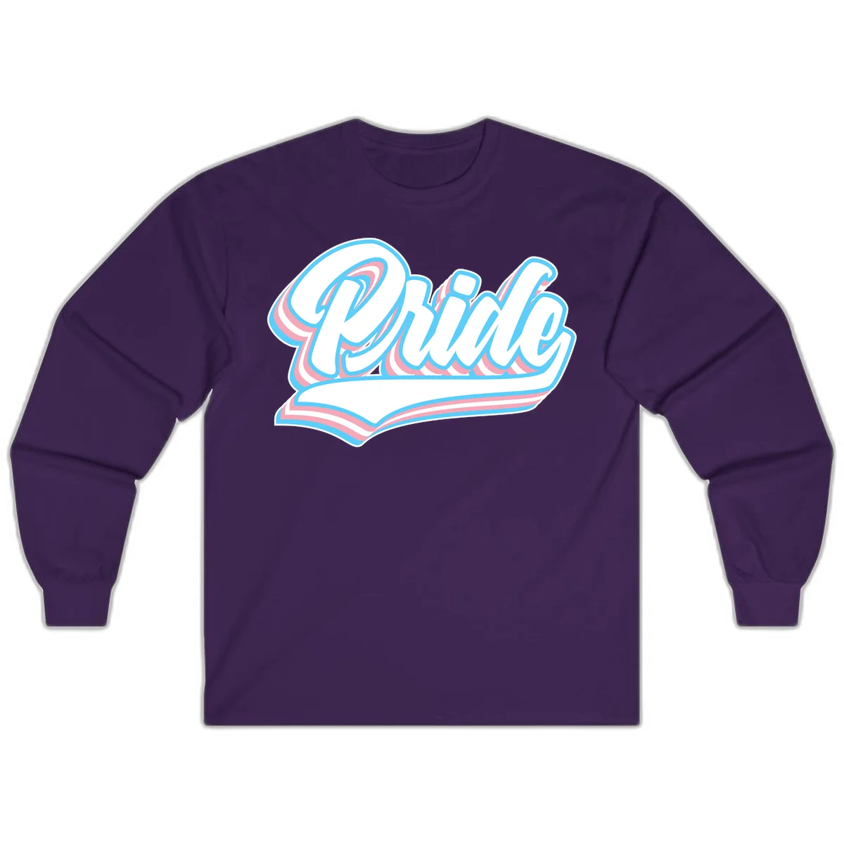 Retro pride wave script design with blue and pink layered lettering and curved banner in Purple