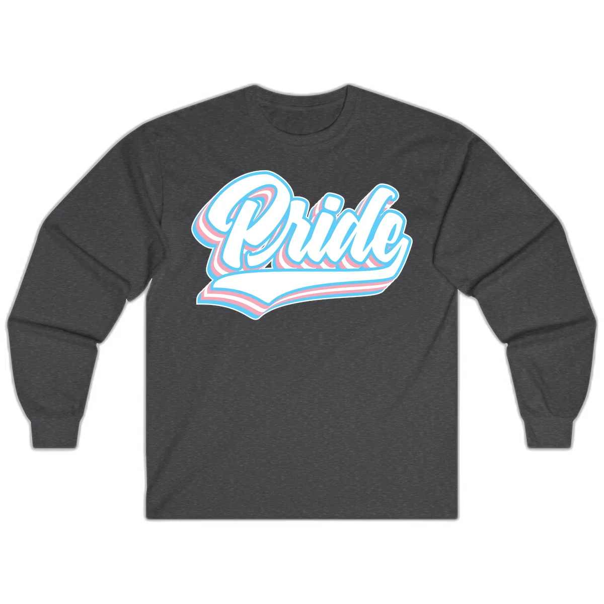 Retro pride wave script design with blue and pink layered lettering and curved banner in Dark Heather