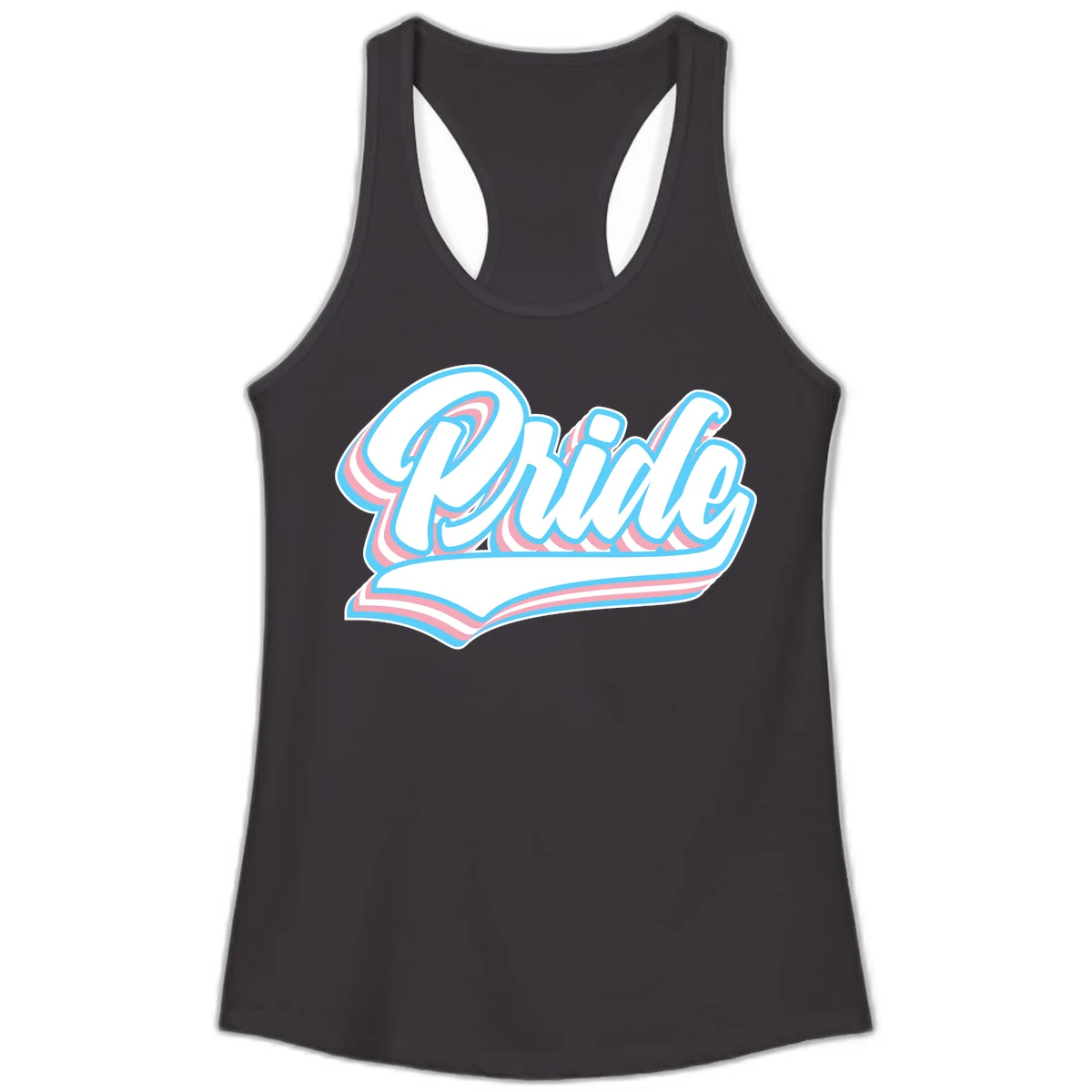 Retro pride wave script design with blue and pink layered lettering and curved banner in Black