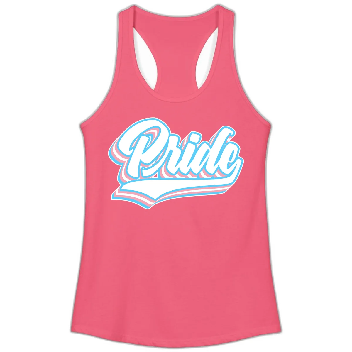 Retro pride wave script design with blue and pink layered lettering and curved banner in Hot Pink