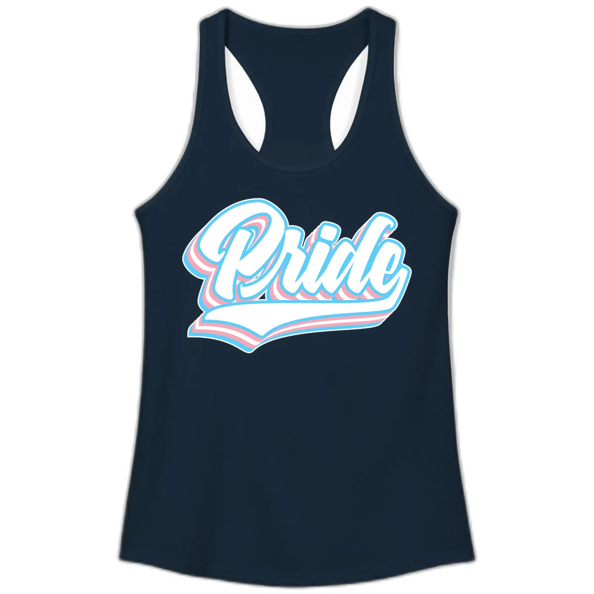 Retro pride wave script design with blue and pink layered lettering and curved banner in Solid Midnight Navy