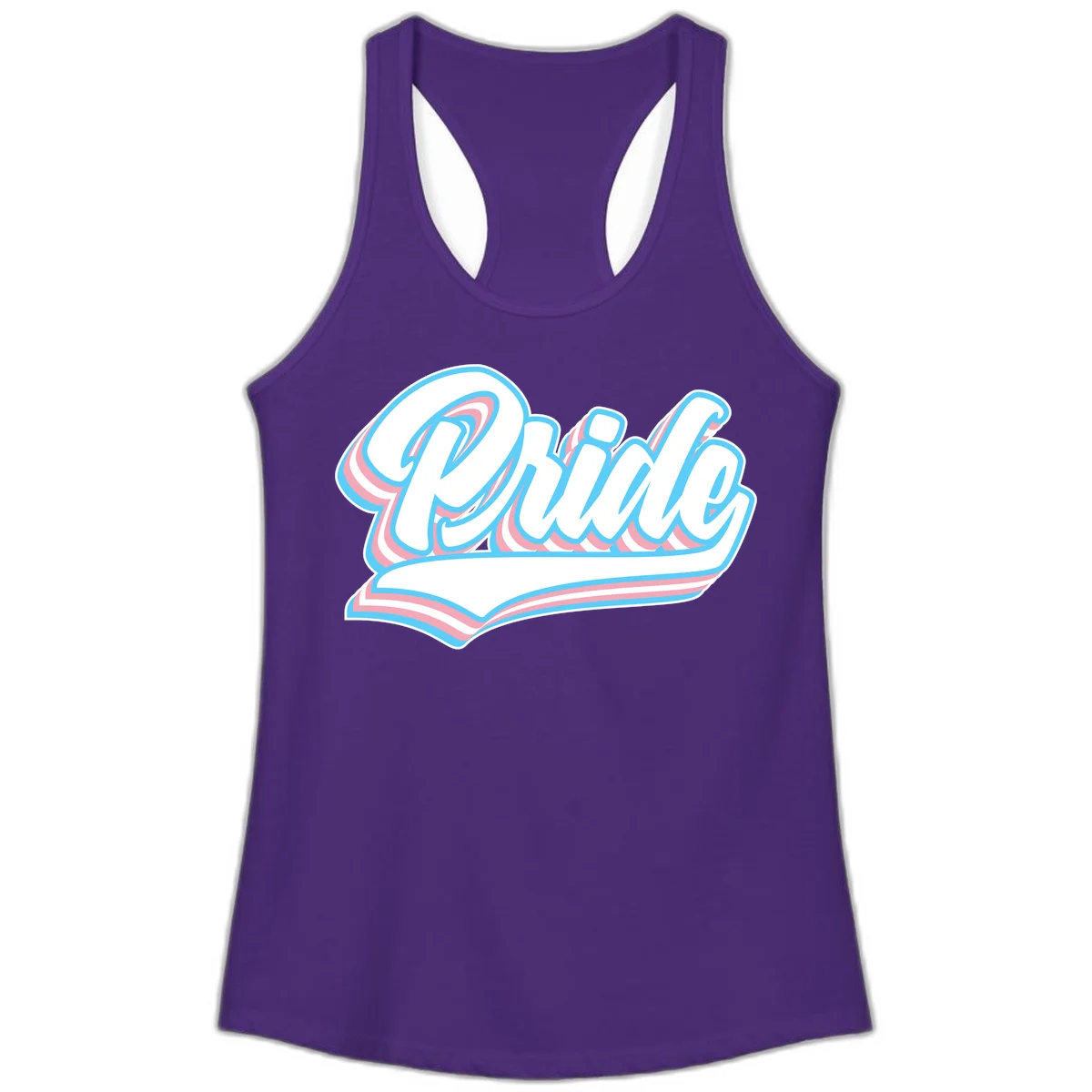 Retro pride wave script design with blue and pink layered lettering and curved banner in Solid Purple Rush