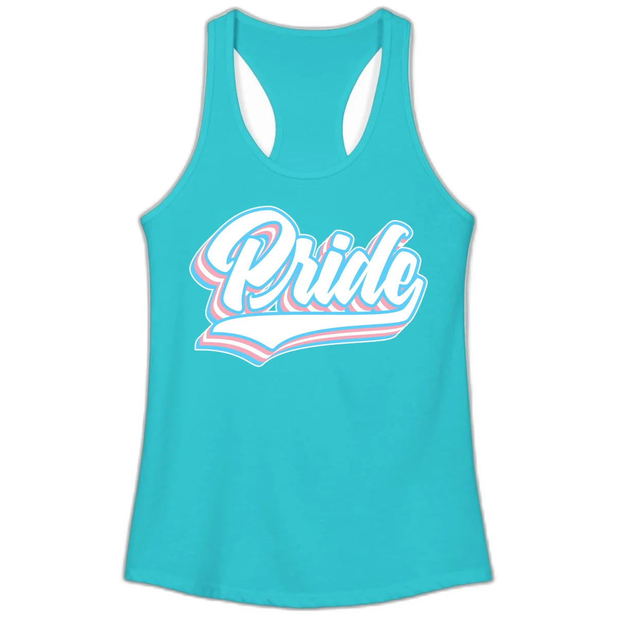 Retro pride wave script design with blue and pink layered lettering and curved banner in Solid Tahiti Blue