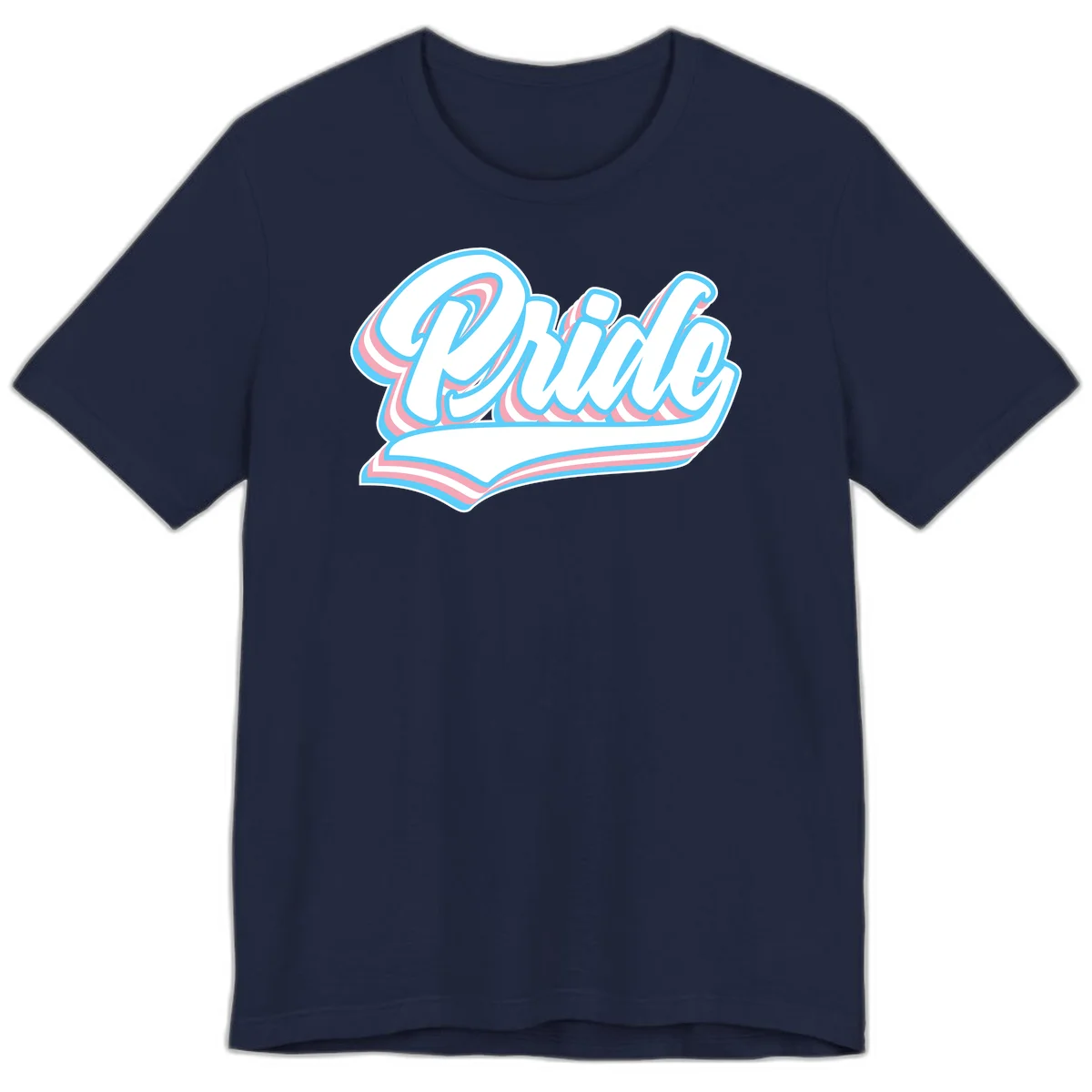 Retro pride wave script design with blue and pink layered lettering and curved banner in Navy