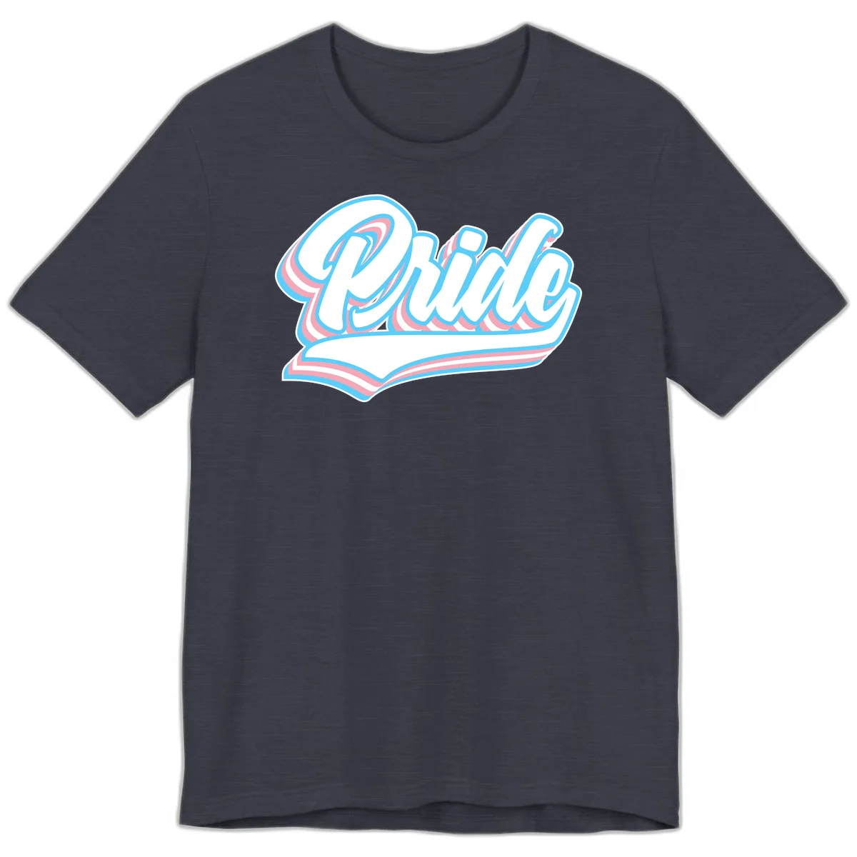 Retro pride wave script design with blue and pink layered lettering and curved banner in Heather Midnight Navy