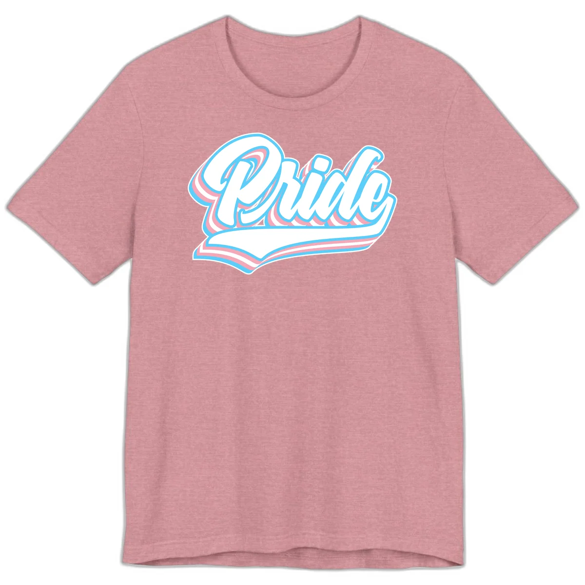 Retro pride wave script design with blue and pink layered lettering and curved banner in Heather Orchid