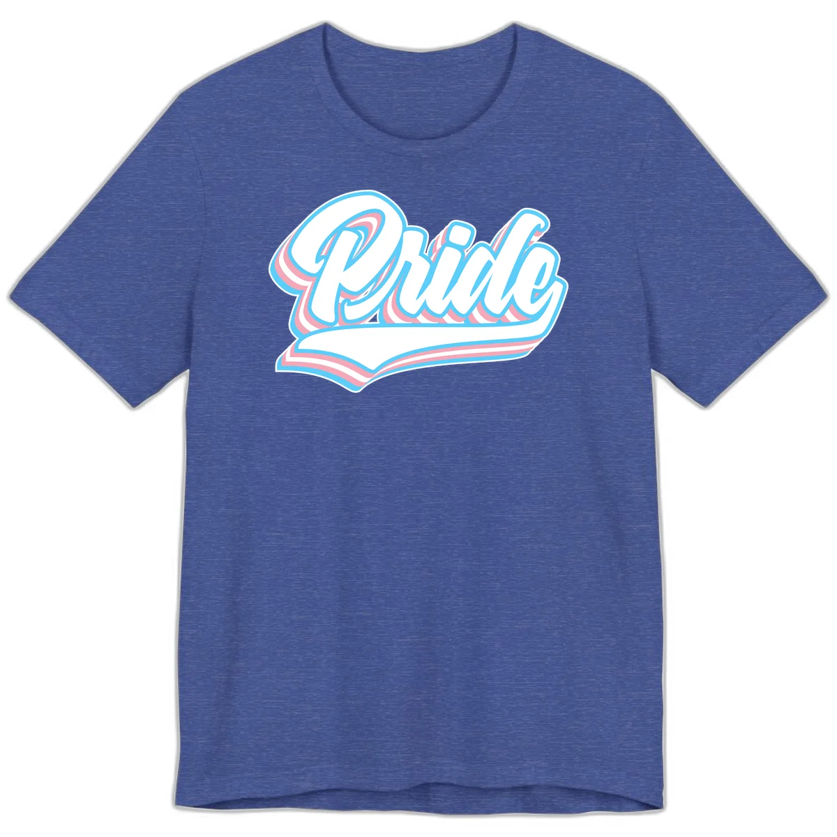 Retro pride wave script design with blue and pink layered lettering and curved banner in Heather True Royal
