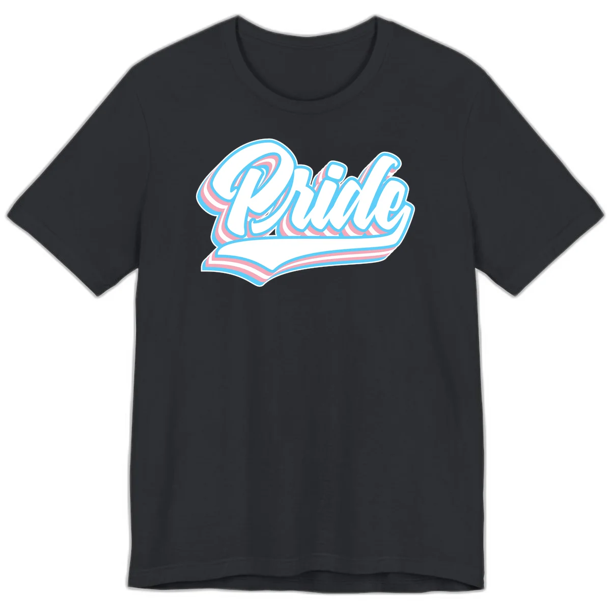 Retro pride wave script design with blue and pink layered lettering and curved banner in Vintage Black