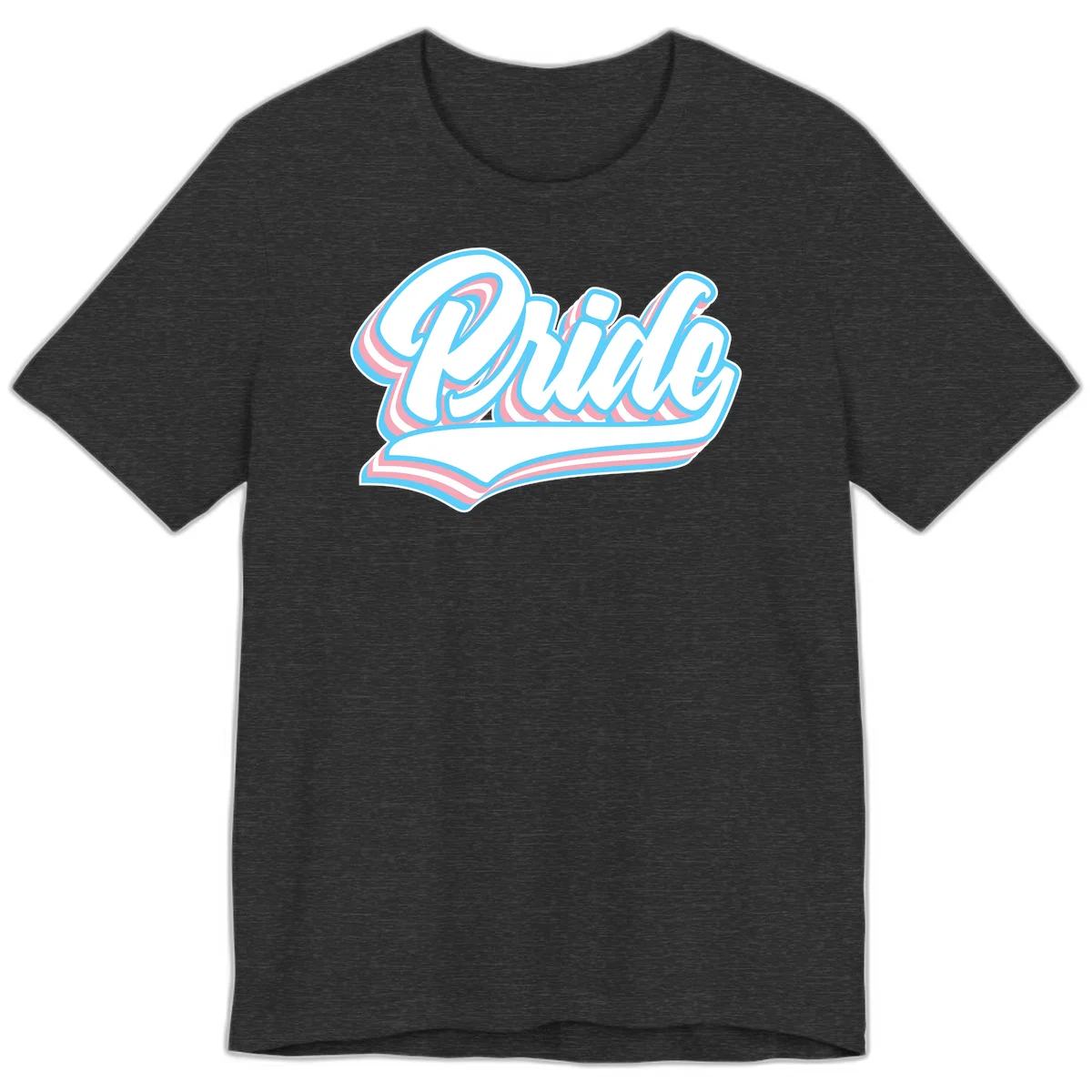 Retro pride wave script design with blue and pink layered lettering and curved banner in Dark Grey Heather