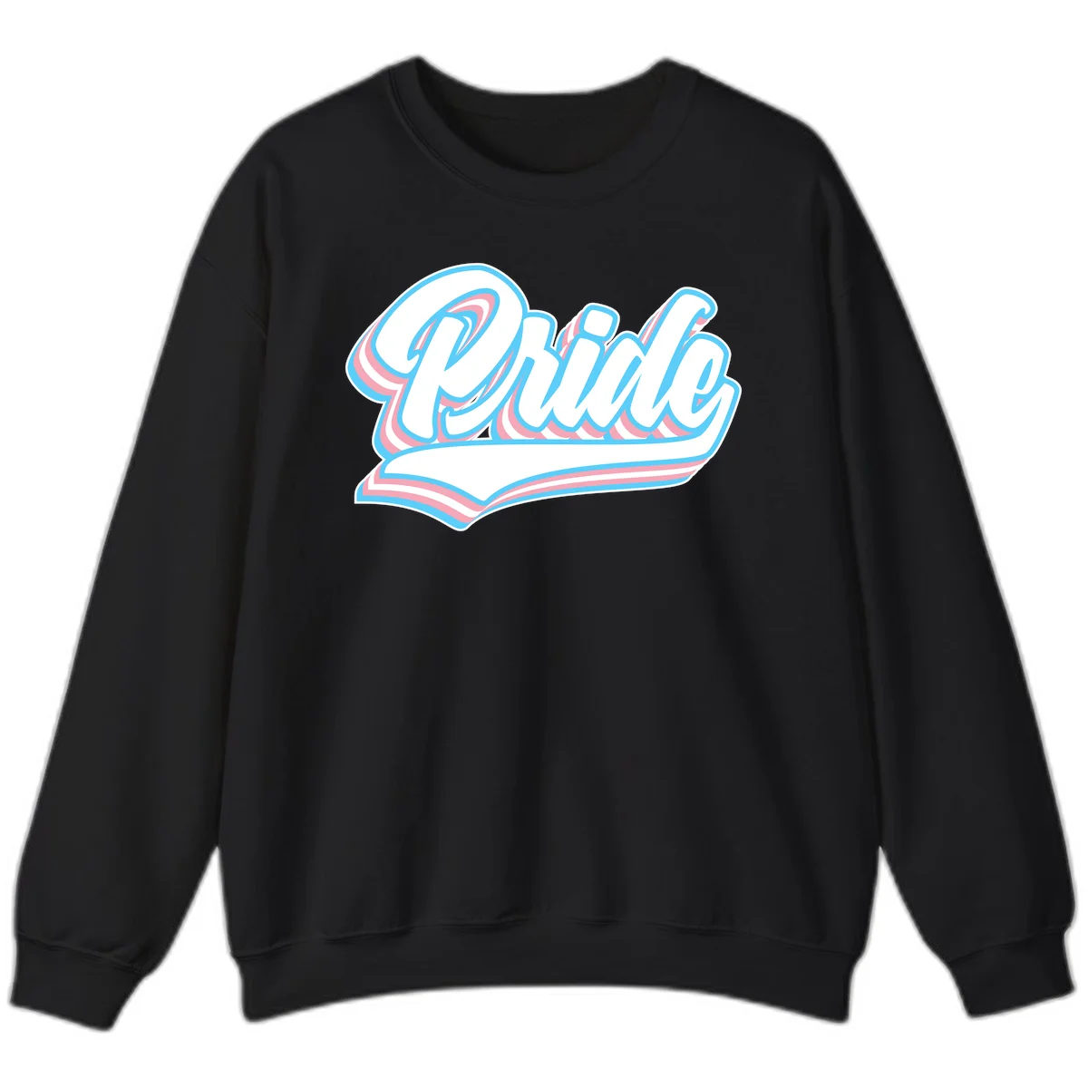 Retro pride wave script design with blue and pink layered lettering and curved banner in Black