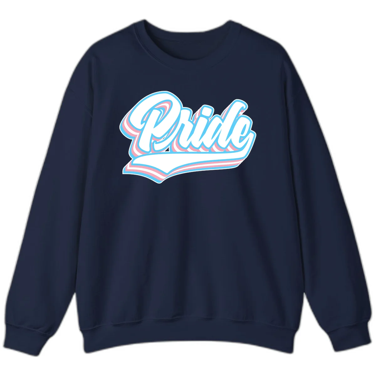 Retro pride wave script design with blue and pink layered lettering and curved banner in Navy