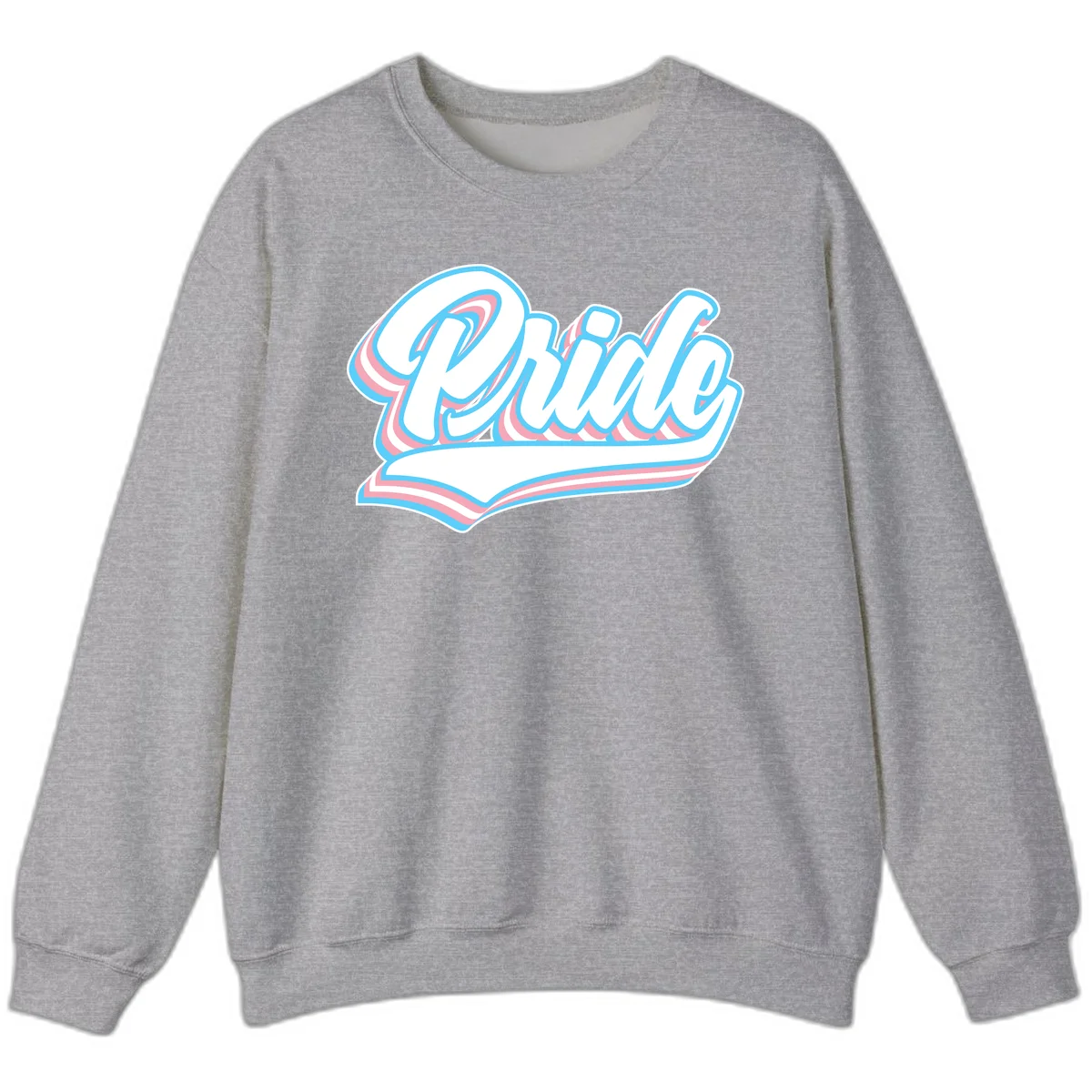 Retro pride wave script design with blue and pink layered lettering and curved banner in Sport Grey