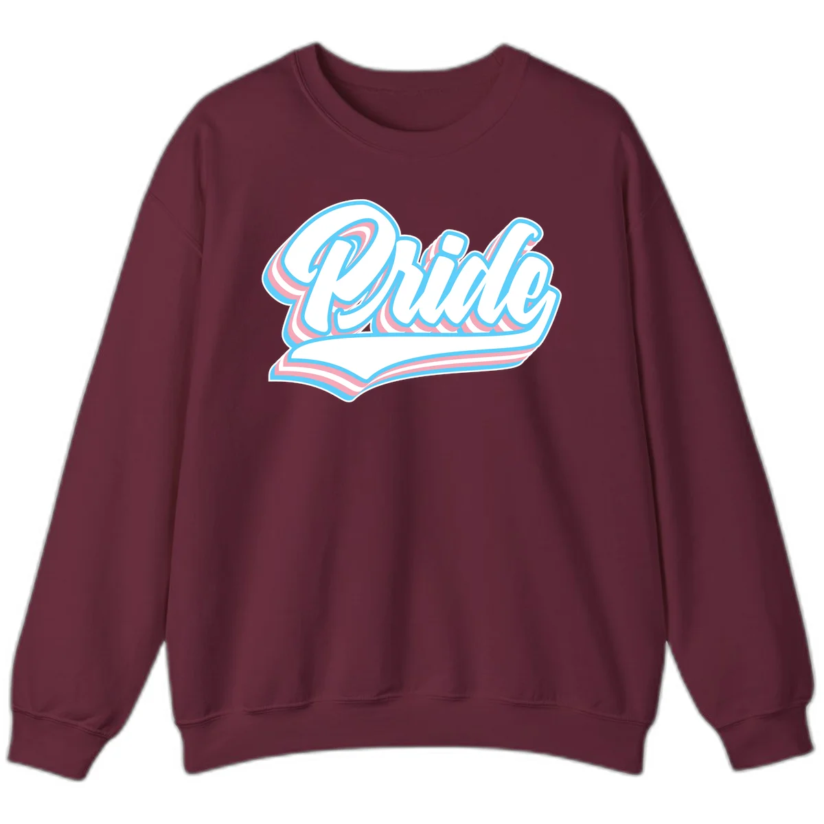 Retro pride wave script design with blue and pink layered lettering and curved banner in Maroon