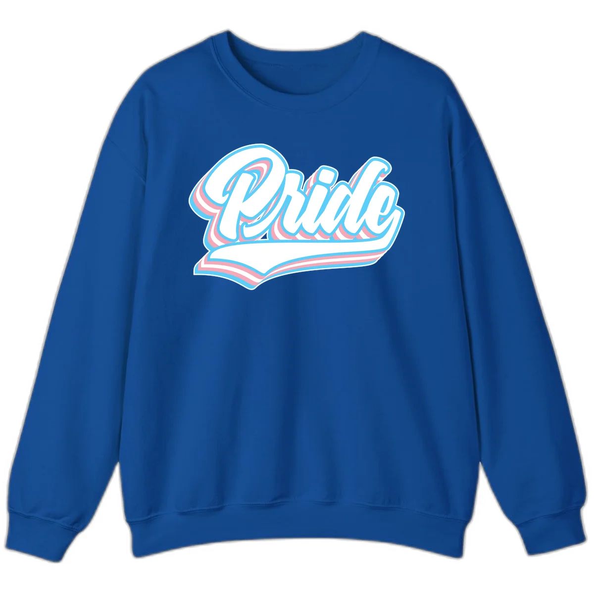 Retro pride wave script design with blue and pink layered lettering and curved banner in Royal