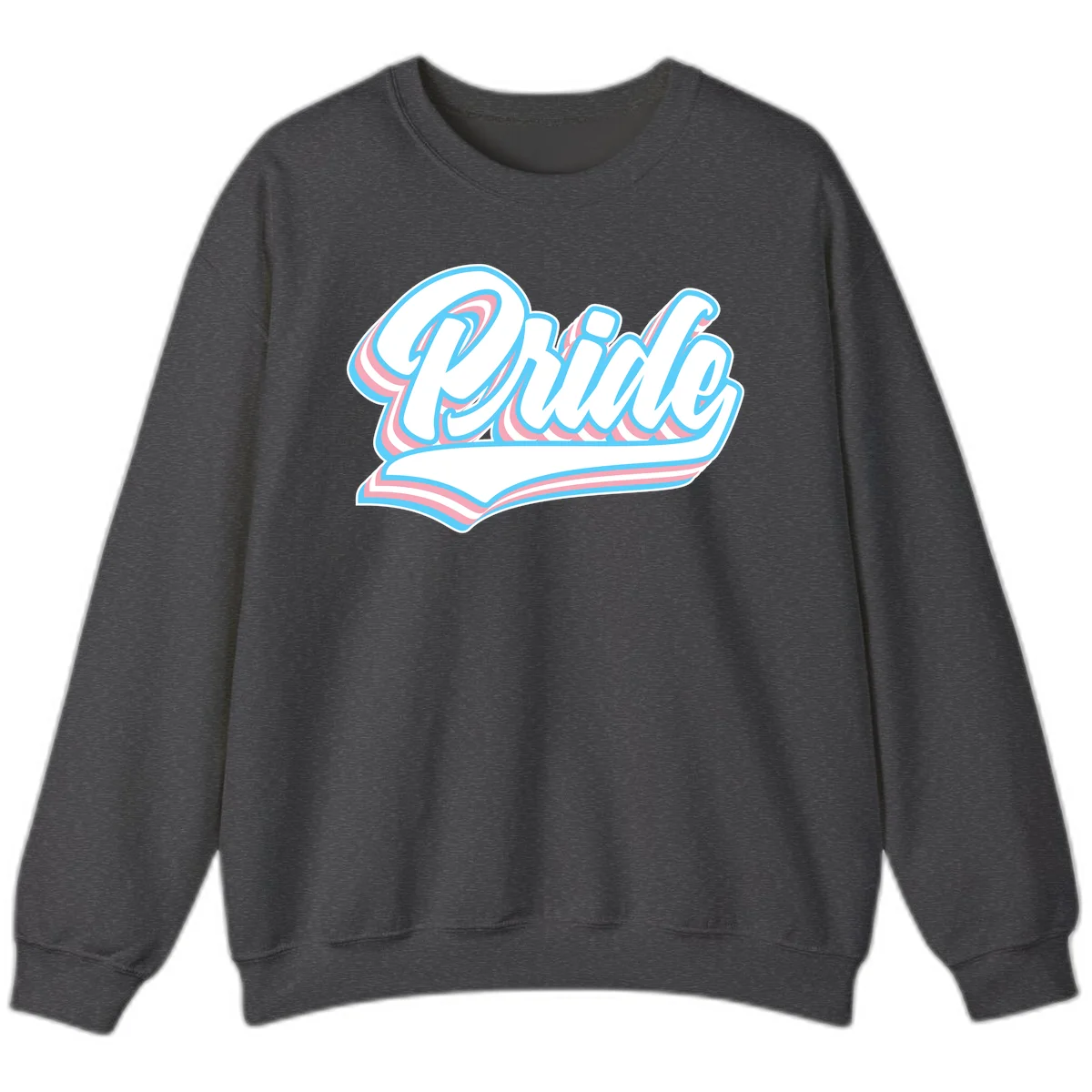 Retro pride wave script design with blue and pink layered lettering and curved banner in Dark Heather