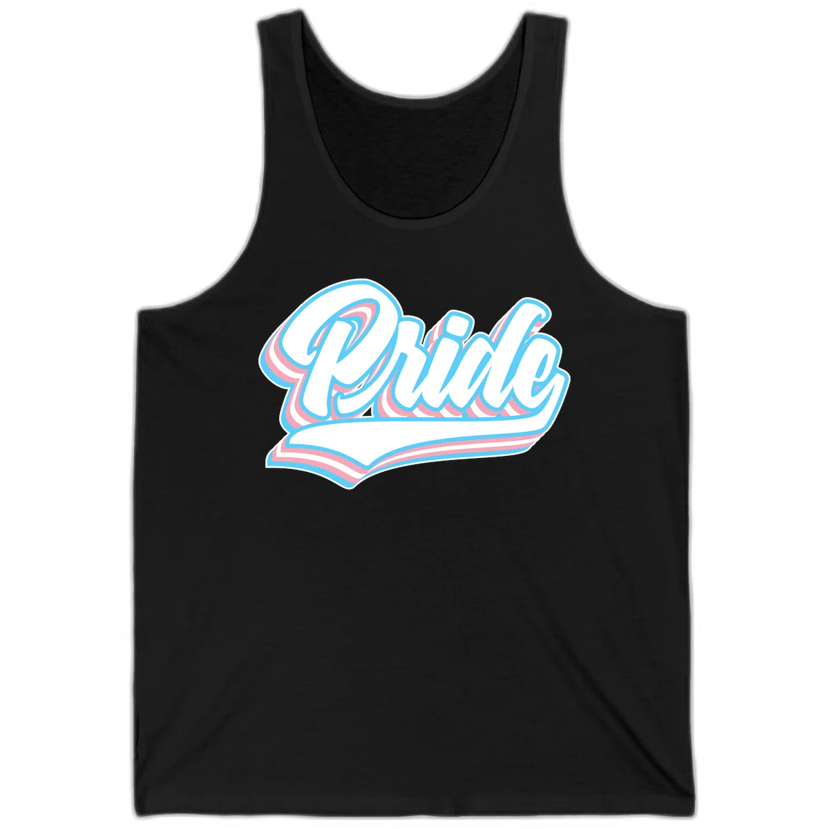 Retro pride wave script design with blue and pink layered lettering and curved banner in Black