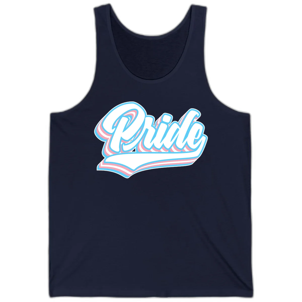 Retro pride wave script design with blue and pink layered lettering and curved banner in Navy