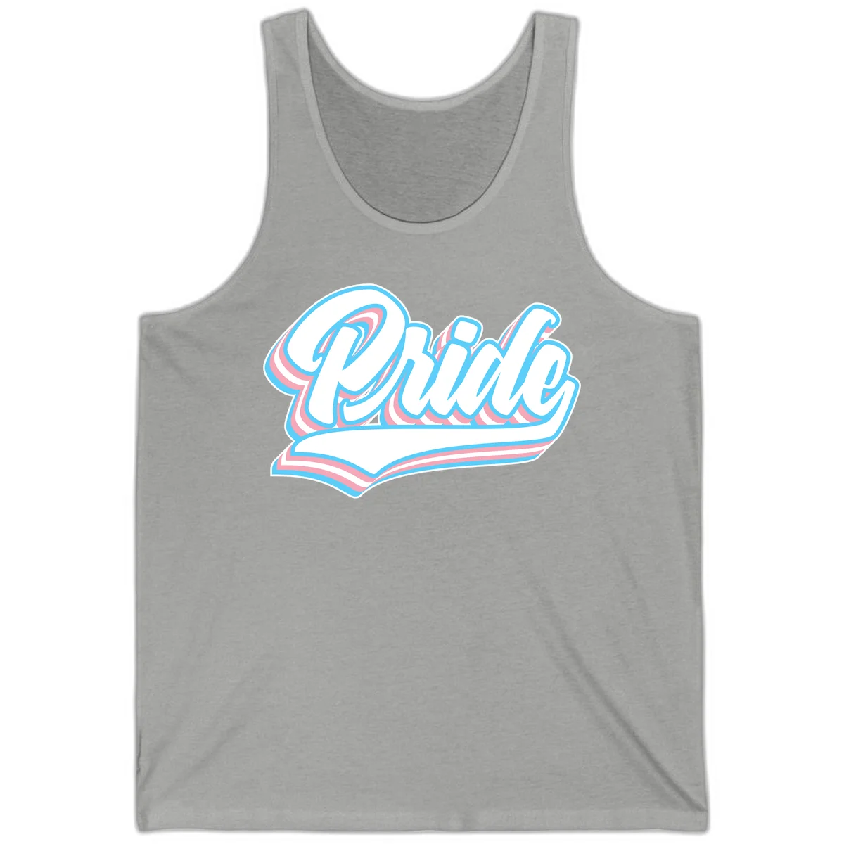 Retro pride wave script design with blue and pink layered lettering and curved banner in Athletic Heather
