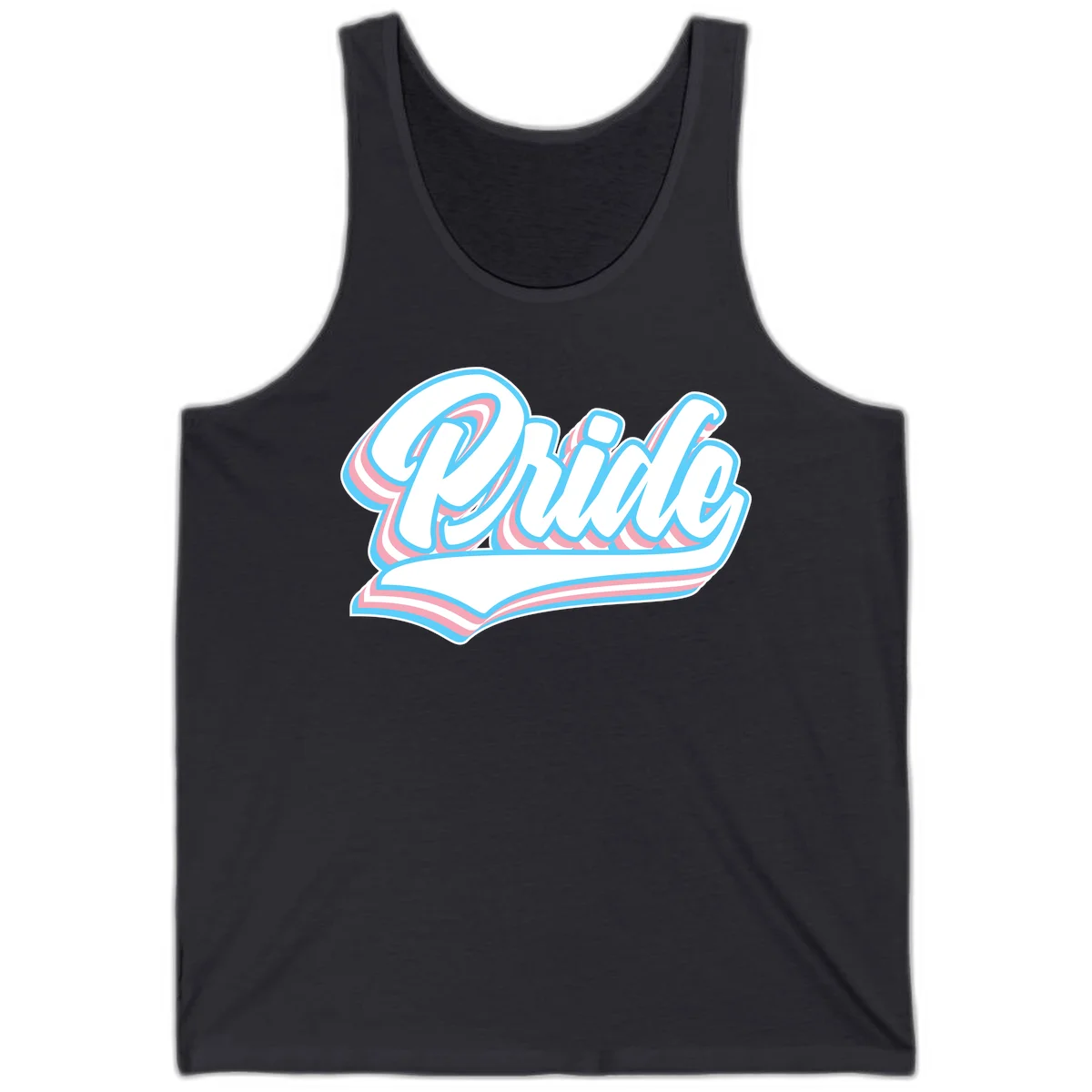 Retro pride wave script design with blue and pink layered lettering and curved banner in Dark Grey