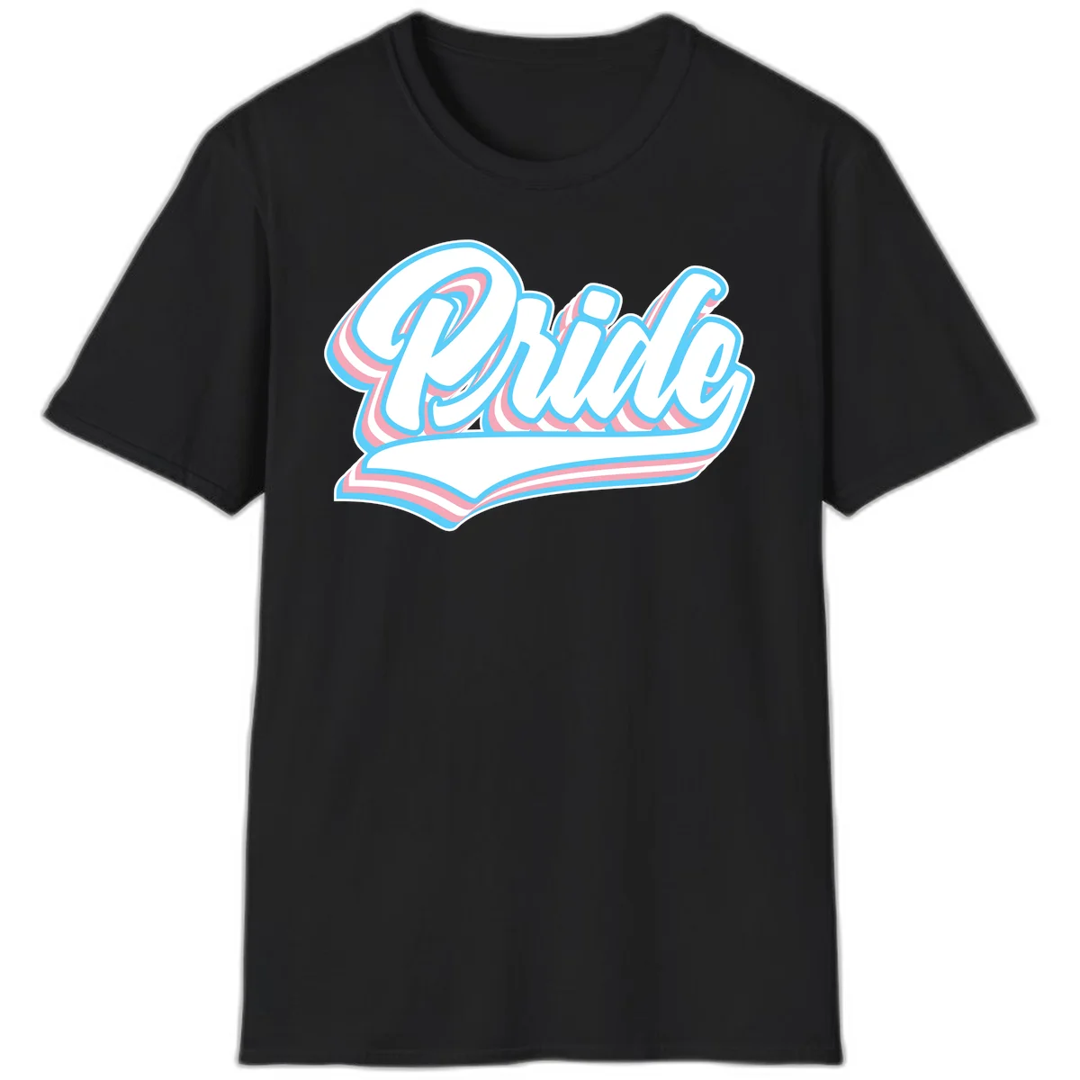 Retro pride wave script design with blue and pink layered lettering and curved banner in Black