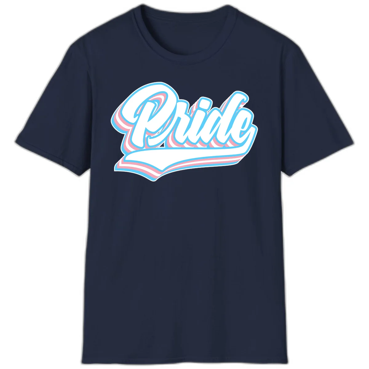Retro pride wave script design with blue and pink layered lettering and curved banner in Navy