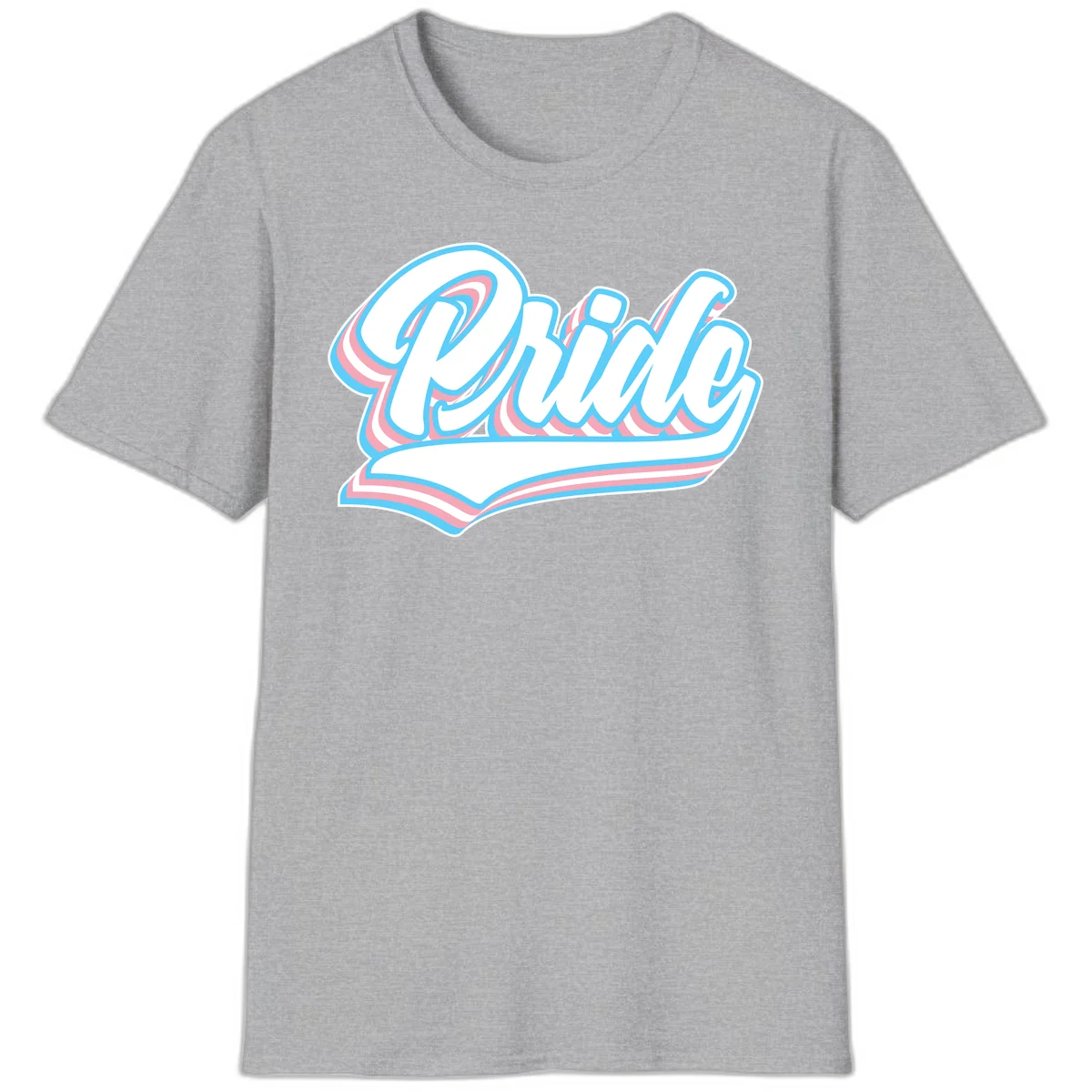 Retro pride wave script design with blue and pink layered lettering and curved banner in Sport Grey