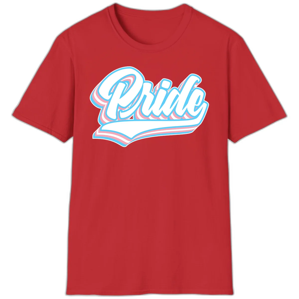 Retro pride wave script design with blue and pink layered lettering and curved banner in Red