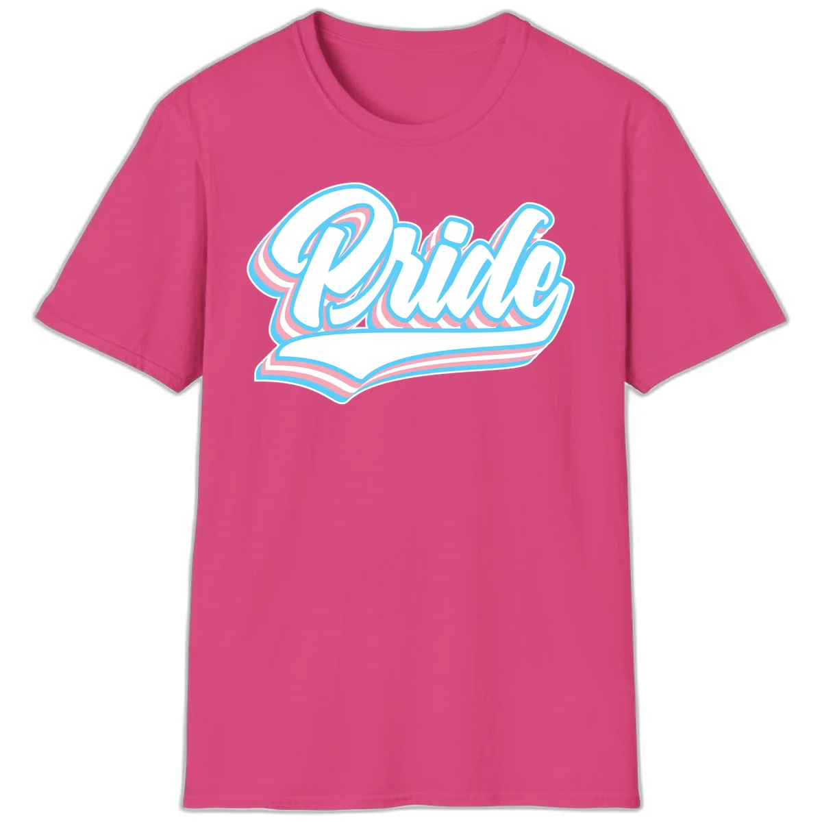 Retro pride wave script design with blue and pink layered lettering and curved banner in Heliconia