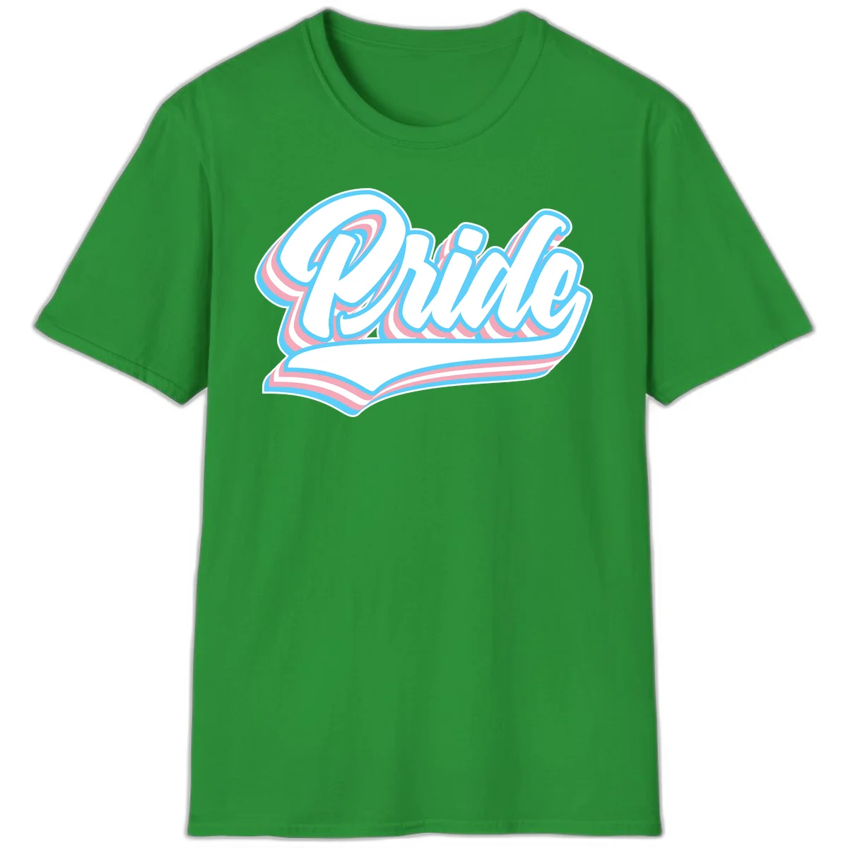 Retro pride wave script design with blue and pink layered lettering and curved banner in Irish Green