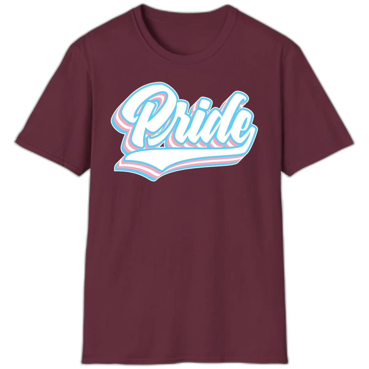 Retro pride wave script design with blue and pink layered lettering and curved banner in Maroon