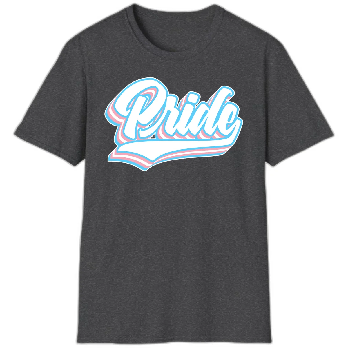 Retro pride wave script design with blue and pink layered lettering and curved banner in Dark Heather