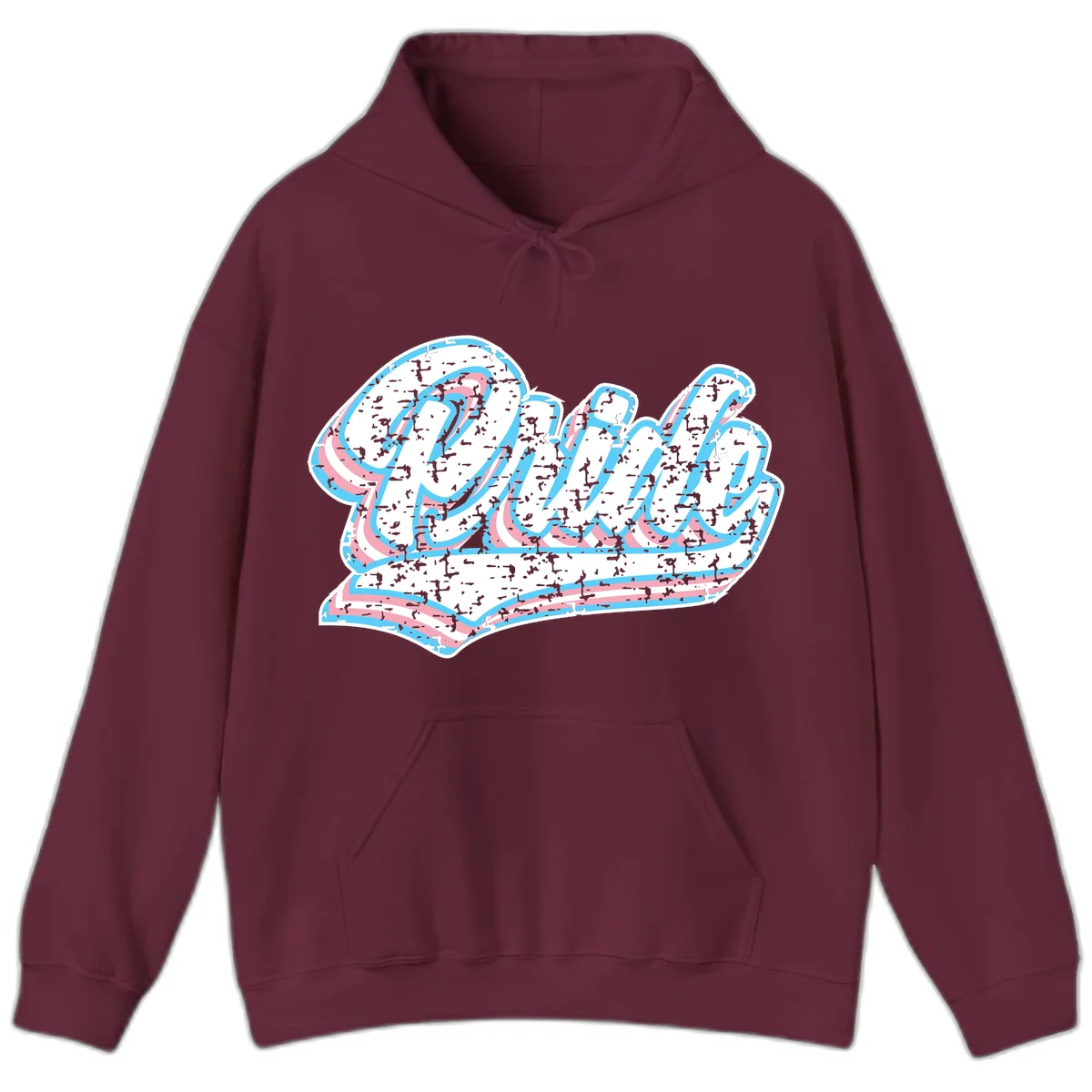 Wavy layered typography design with blue and pink textured letters creating dimensional flowing text art in Maroon