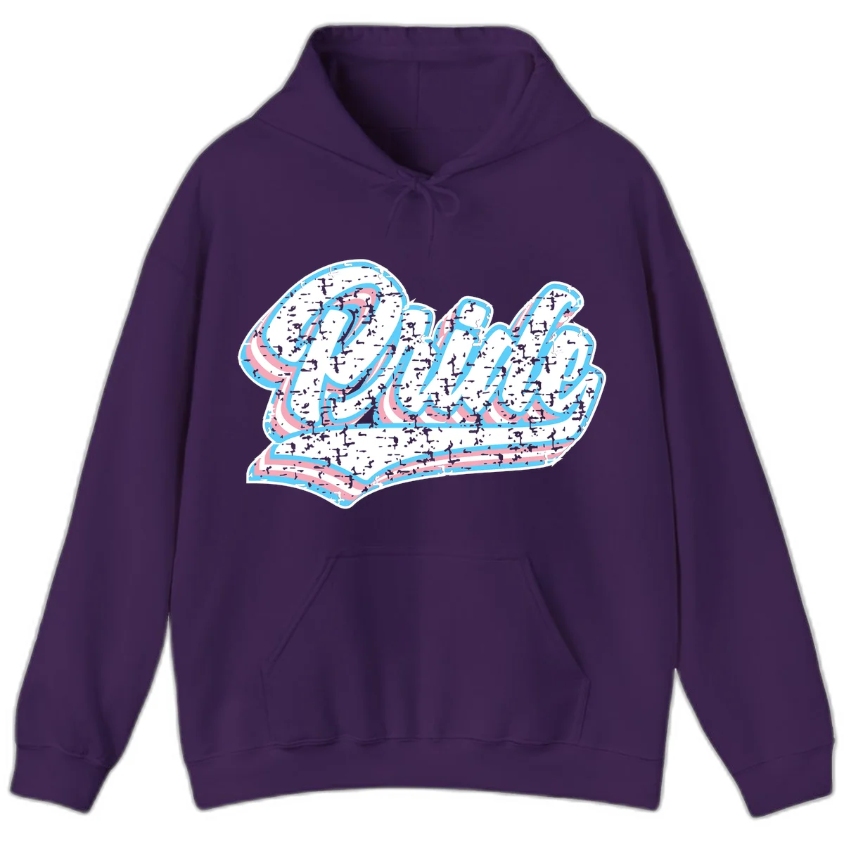 Wavy layered typography design with blue and pink textured letters creating dimensional flowing text art in Purple