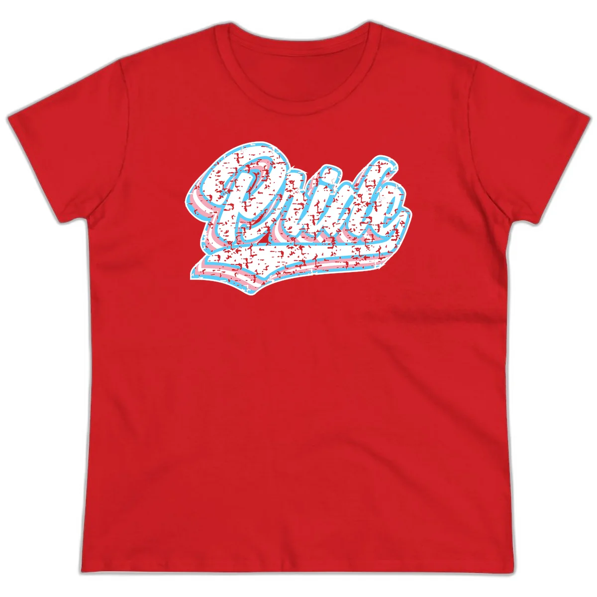 Wavy layered typography design with blue and pink textured letters creating dimensional flowing text art in Red