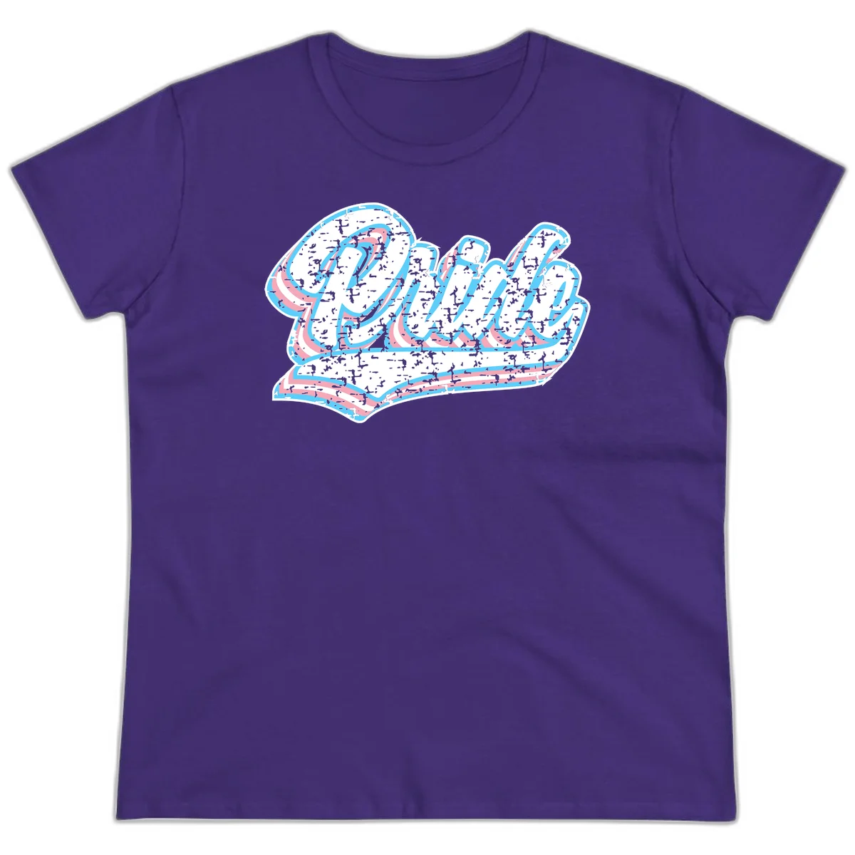 Wavy layered typography design with blue and pink textured letters creating dimensional flowing text art in Purple