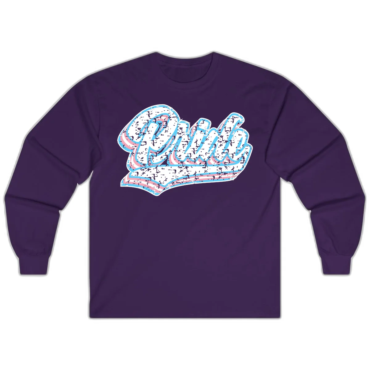 Wavy layered typography design with blue and pink textured letters creating dimensional flowing text art in Purple