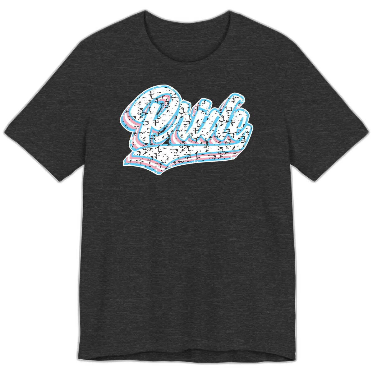 Wavy layered typography design with blue and pink textured letters creating dimensional flowing text art in Dark Grey Heather
