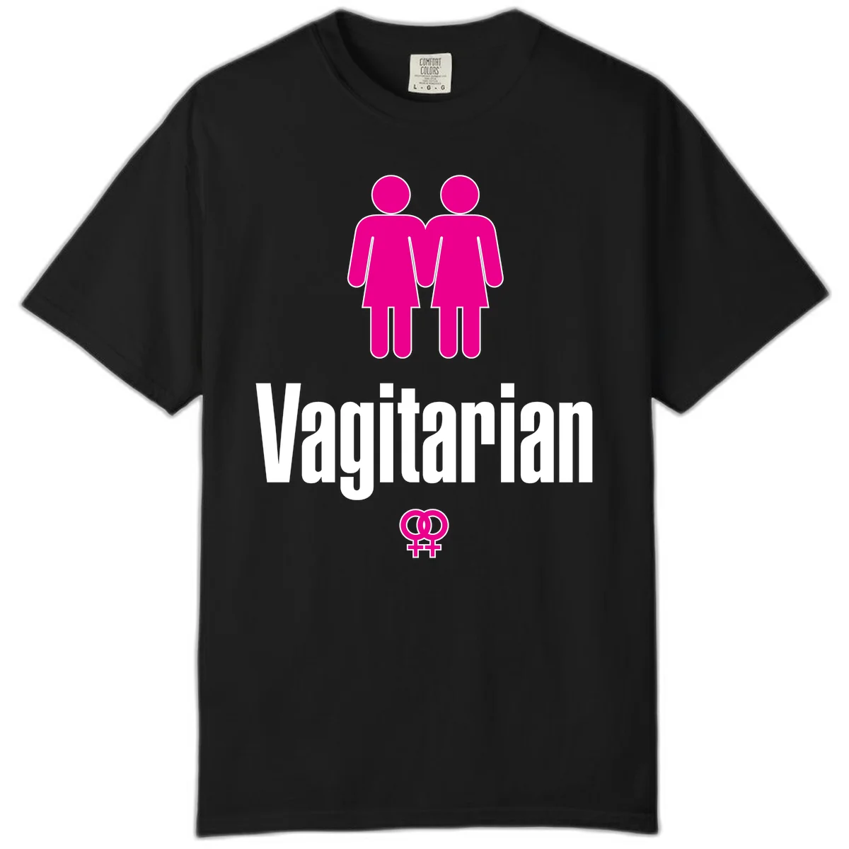 Vagitarian lesbian pride design with two women figures holding hands and interlocking female symbols in magenta and white in Black