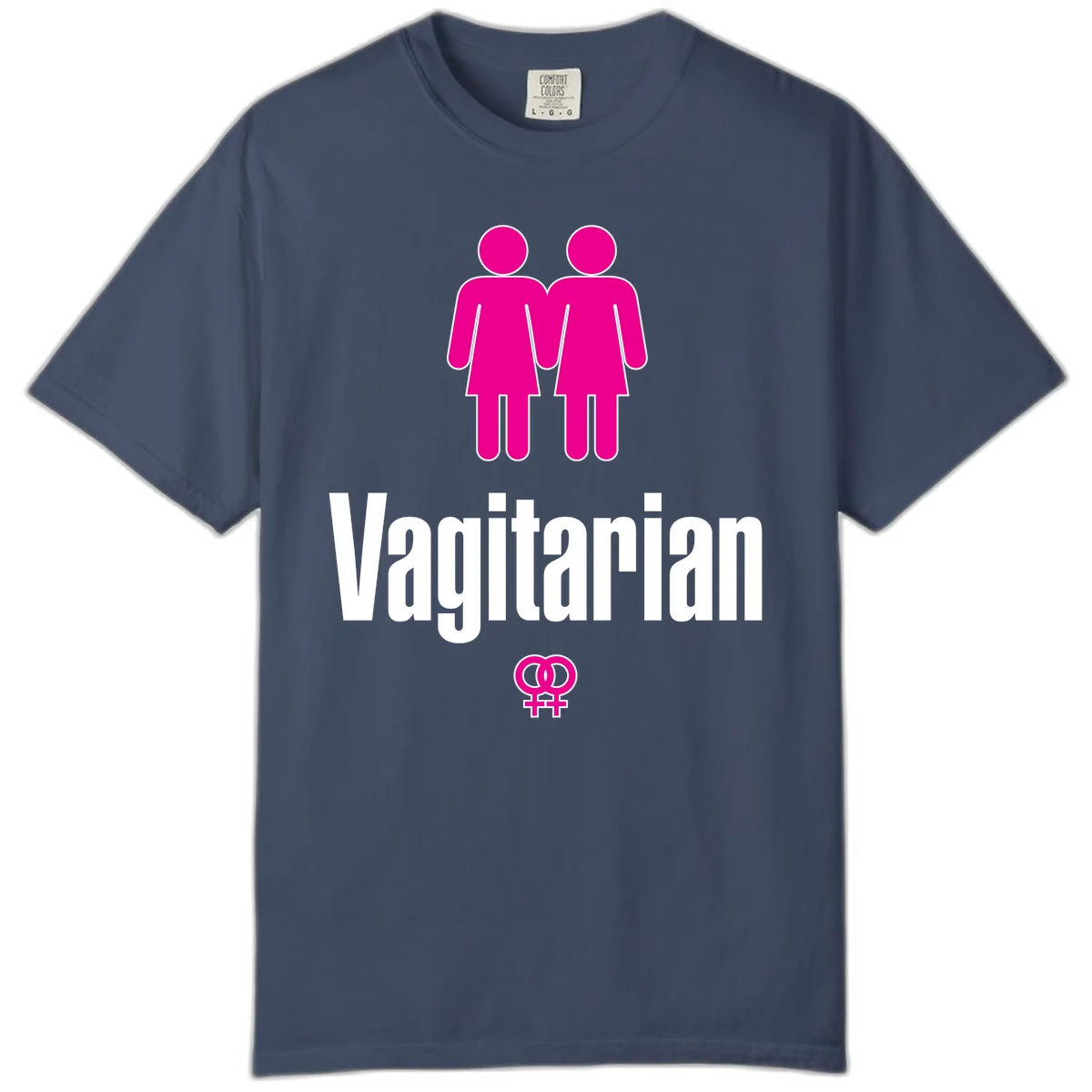 Vagitarian lesbian pride design with two women figures holding hands and interlocking female symbols in magenta and white in Midnight