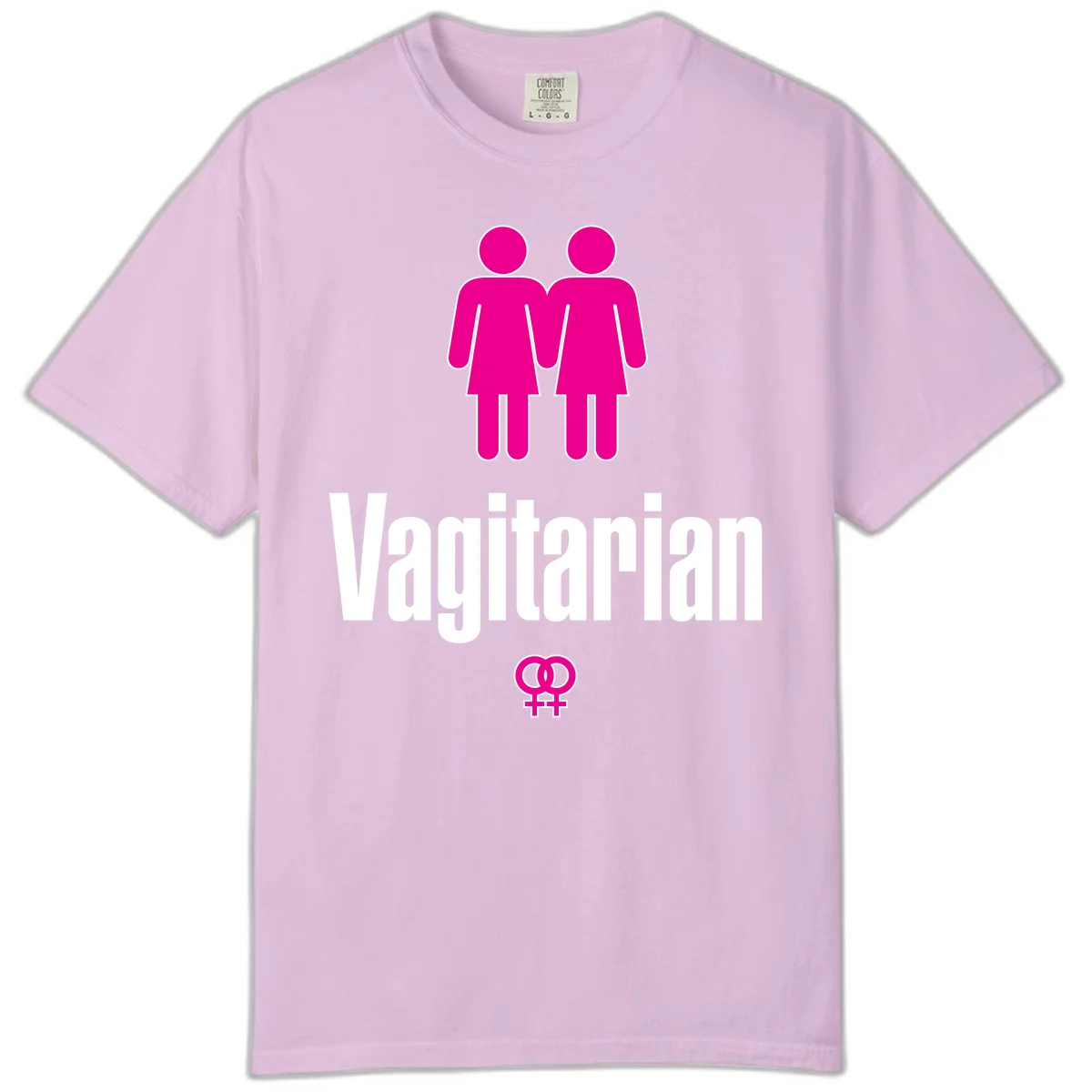 Vagitarian lesbian pride design with two women figures holding hands and interlocking female symbols in magenta and white in Orchid