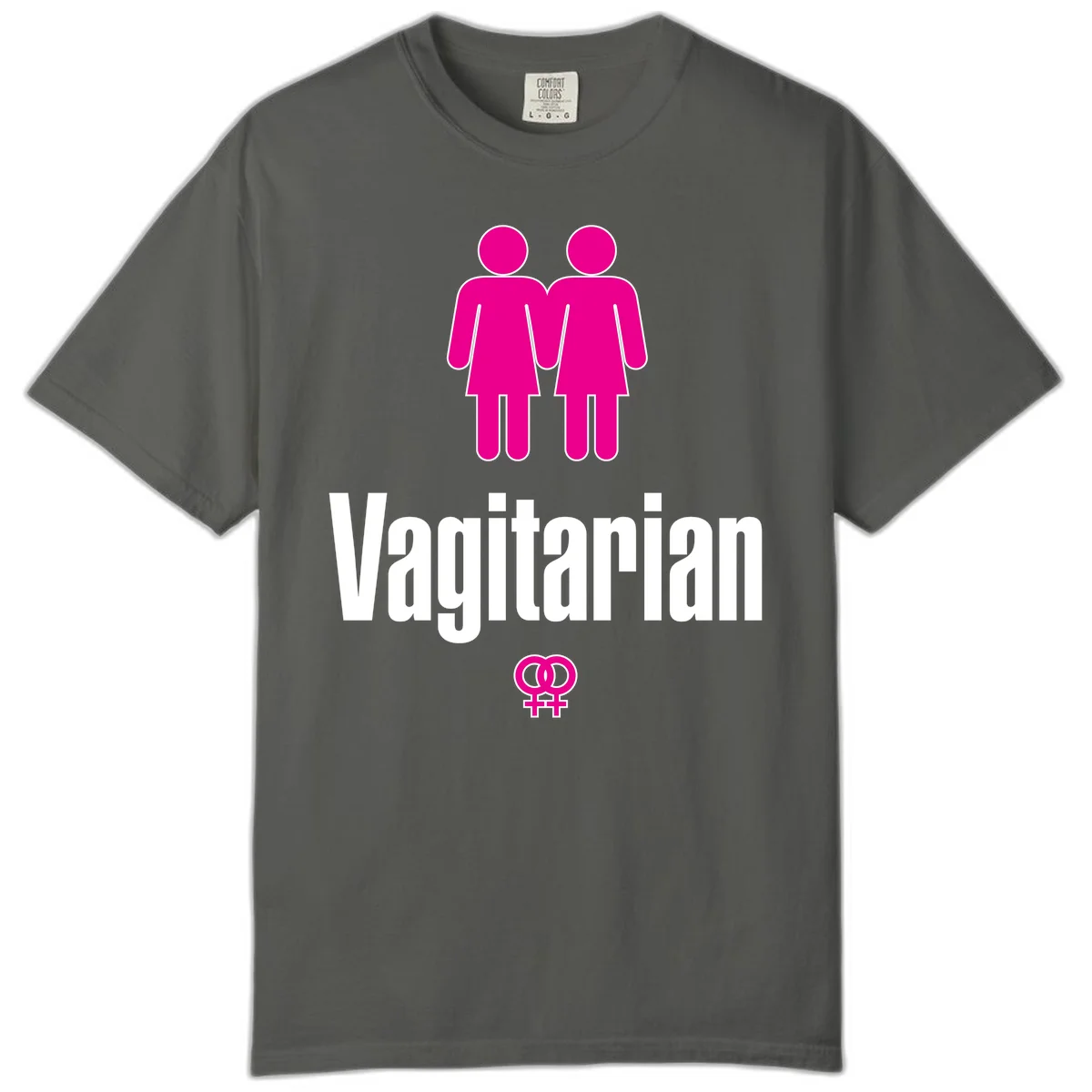 Vagitarian lesbian pride design with two women figures holding hands and interlocking female symbols in magenta and white in Pepper