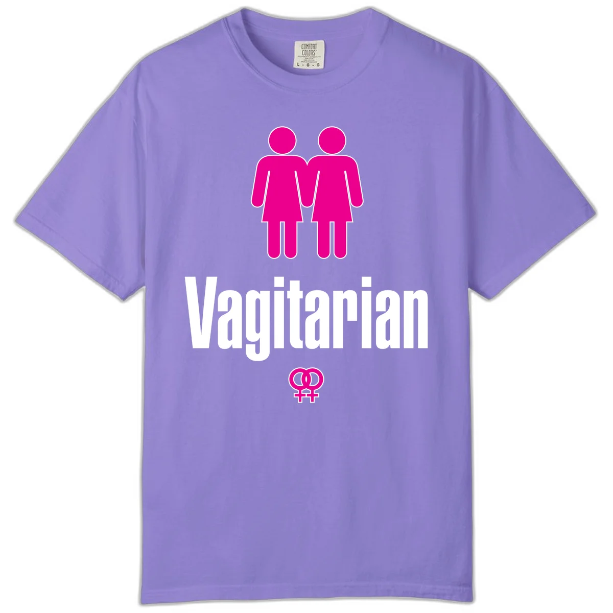 Vagitarian lesbian pride design with two women figures holding hands and interlocking female symbols in magenta and white in Violet