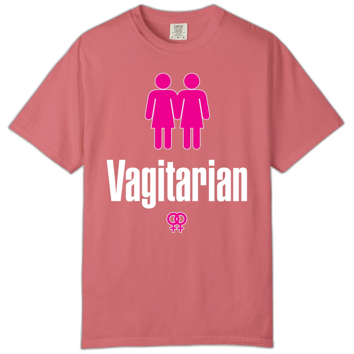 Vagitarian lesbian pride design with two women figures holding hands and interlocking female symbols in magenta and white in Watermelon