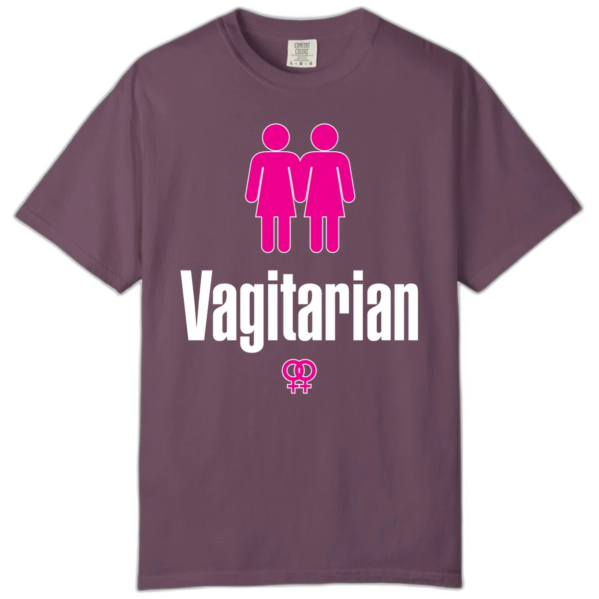 Vagitarian lesbian pride design with two women figures holding hands and interlocking female symbols in magenta and white in Berry