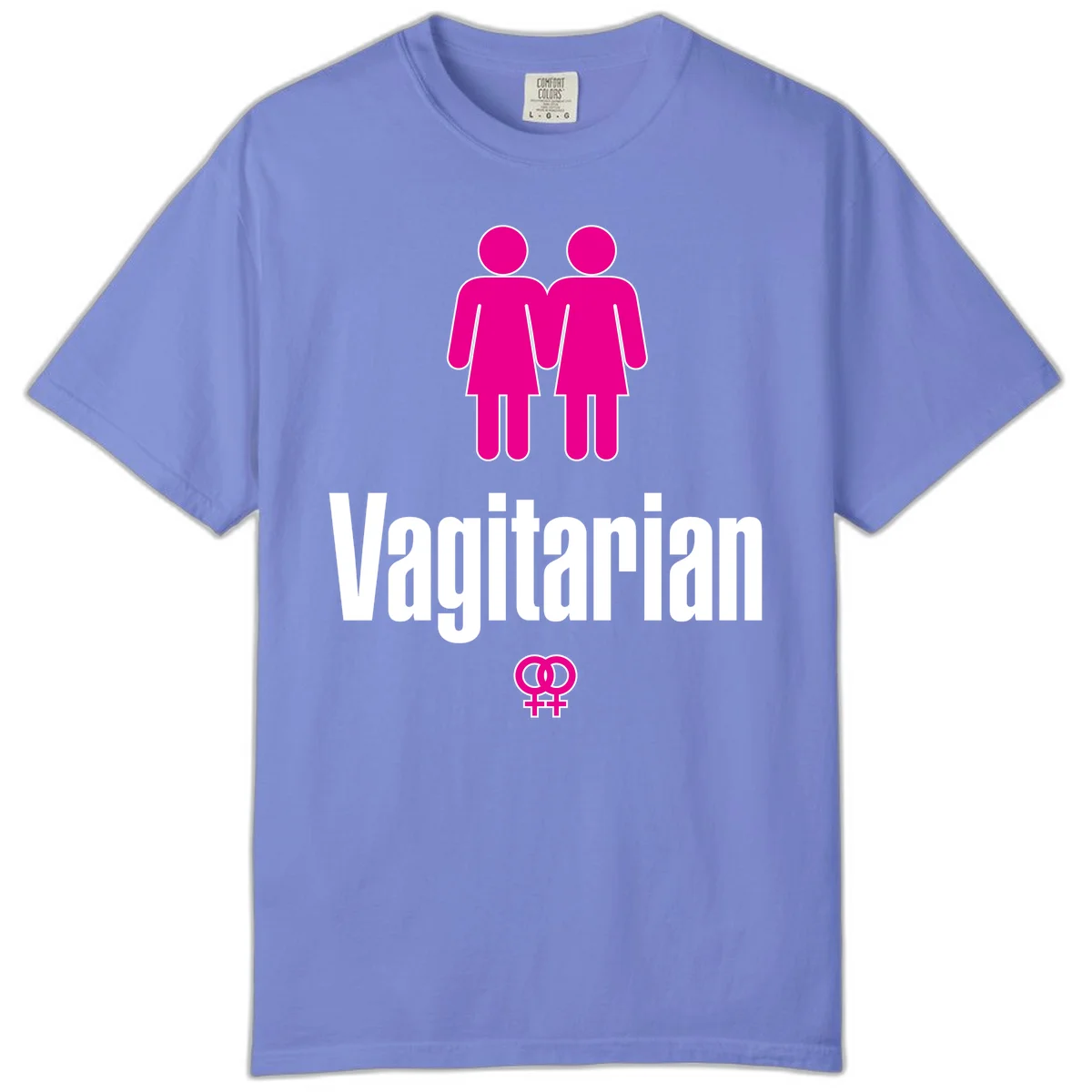 Vagitarian lesbian pride design with two women figures holding hands and interlocking female symbols in magenta and white in Flo Blue