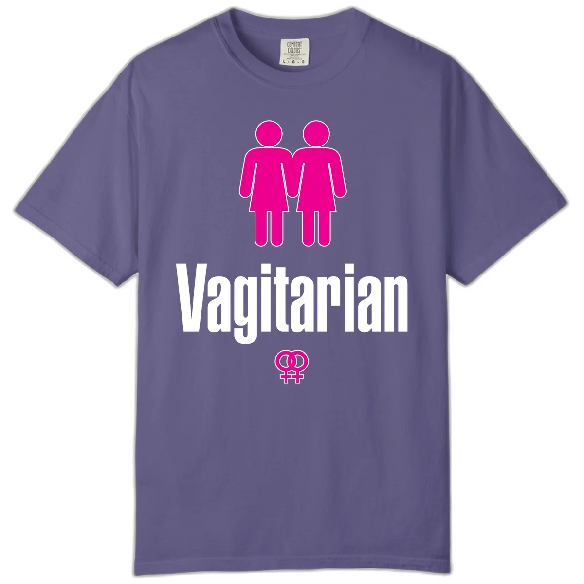 Vagitarian lesbian pride design with two women figures holding hands and interlocking female symbols in magenta and white in Grape