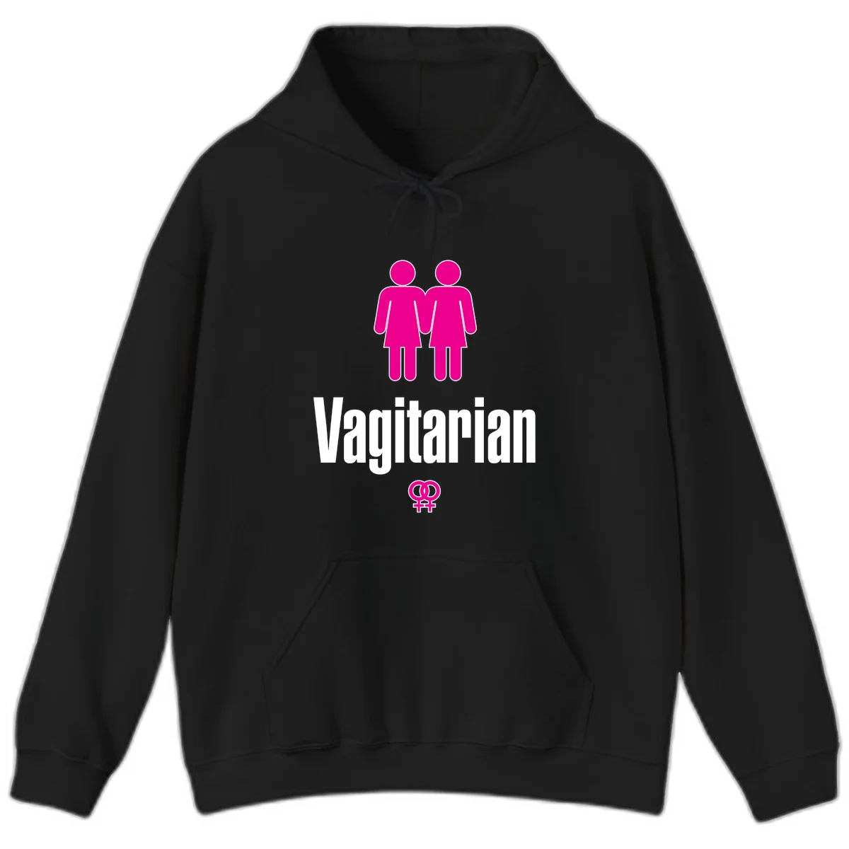 Vagitarian lesbian pride design with two women figures holding hands and interlocking female symbols in magenta and white in Black